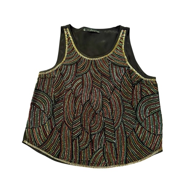 NWOT Patterson J Kincaid black silk multi color beaded tank top Size M - Picture 2 of 8